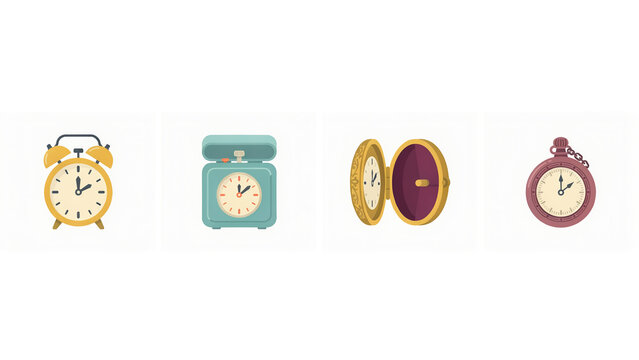 Vintage alarm clock collection featuring four colorful retro timepiece designs, representing morning routines, punctuality, time management, and classic decor