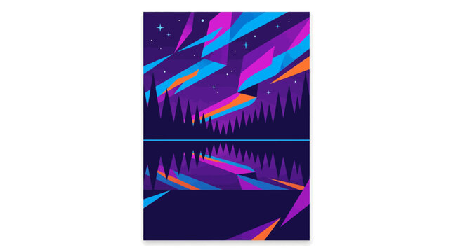 Abstract geometric night landscape with purple forest silhouette, colorful aurora sky, and water reflection in flat vector style