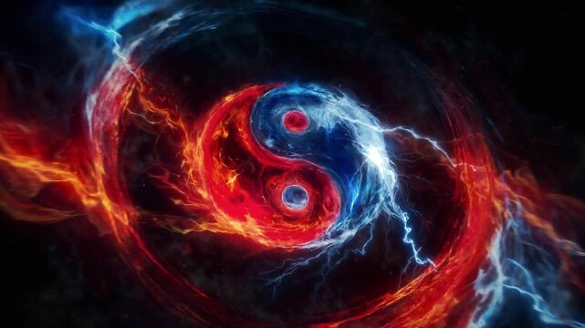 Yin Yang Symbol Swirling in Cosmic Energy with Fiery and Electric Elements Against Dark Space Background