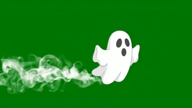 Cartoon ghost flying with smoke trail on green screen halloween animation overlay spooky