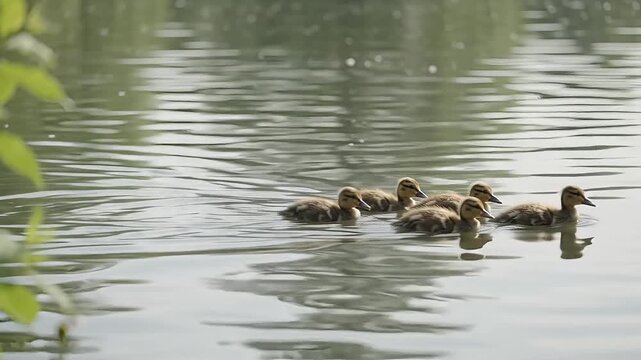 Adorable ducklings swimming together in a row on a calm pond, fluffy baby ducks gliding across peaceful lake water, group of young waterfowl in natural wetland habitat during springtime