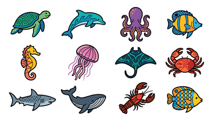 Obraz premium Marine Life Icons Set with Stylized Ocean Creatures and Underwater Animals