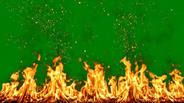 Realistic fire flames with rising sparks overlay on green screen for vfx compositing chroma key