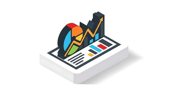 Isometric illustration of a financial report with isometric 3D graphic showing pie chart bar graph rising document surface