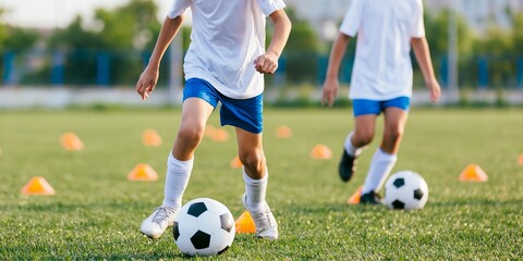 Obraz premium Young boys in uniforms actively participating in soccer practice, focusing on ball handling drills with training cones on a green pitch