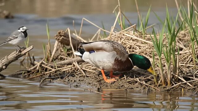 Mallard duck foraging on a muddy riverbank with a white wagtail bird nearby, wild drake mallard searching for food in the reeds, natural wetland habitat with waterfowl and songbird