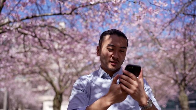 Young asian man with hay fever using eye drops for his allergy before taking a selfie with his smartphone, surrounded by beautiful pink cherry blossoms in a sunny park during spring