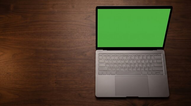 High angle laptop green screen mockup on dark mahogany wood with left negative space