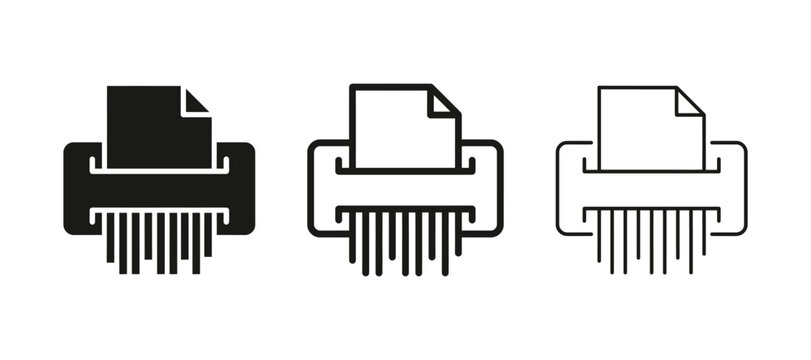 Set of paper shredder icons, document destruction machine symbols in solid, thick line and thin line styles