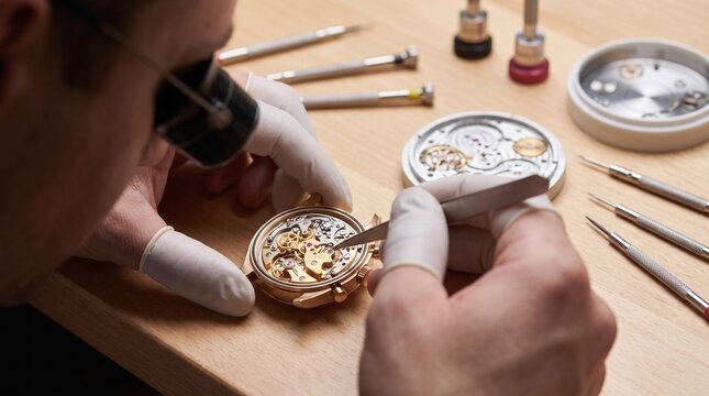 Skilled watchmaker wearing protective white gloves uses precision tweezers to repair an intricate gold mechanical luxury wristwatch movement on desk