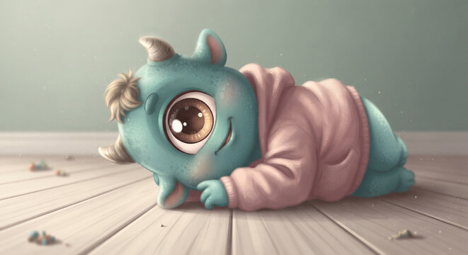 Cute blue baby monster wearing a pink hoodie relaxing and lying on wooden floor