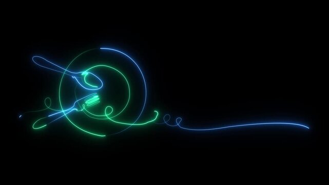 Neon light outline of a plate with a fork and spoon glowing against a black background