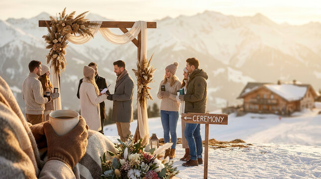 Couple exchanging wedding vows under a wooden arch during a winter mountain ceremony