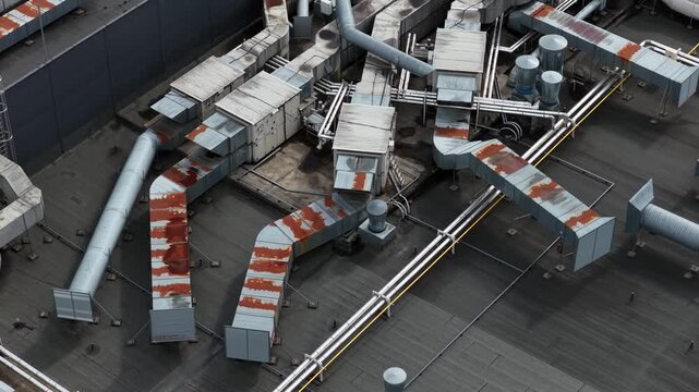 Aerial top view of industrial rooftop ventilation and HVAC duct system