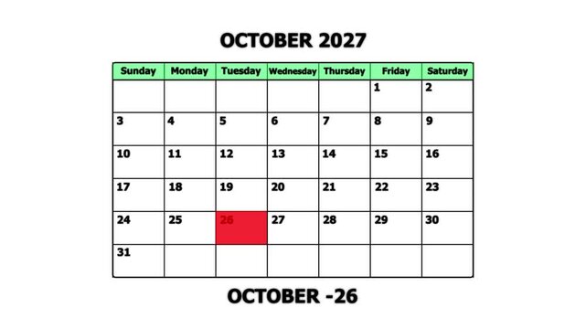 October 2027 calendar page with highlighted date october 26th for planning and scheduling schedule