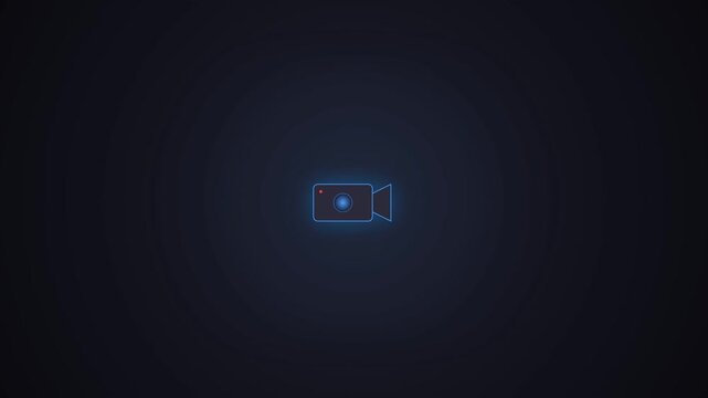 Blue neon video camera icon on dark gradient background