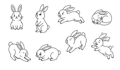 Obraz premium Cute Bunny Rabbit Different Poses Black Thin Line Art Vector Set