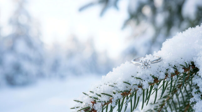 Diamond engagement ring resting on a snow covered pine tree branch in winter forest