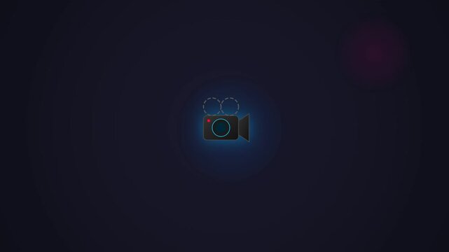 Video camera icon with blue glow on dark gradient background