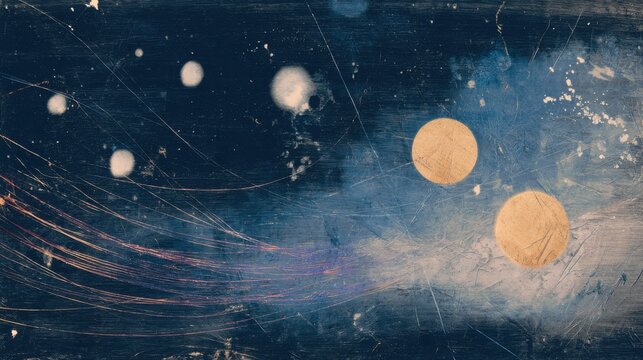 Abstract space artwork featuring golden planets and glowing stars on textured dark blue background. Perfect.