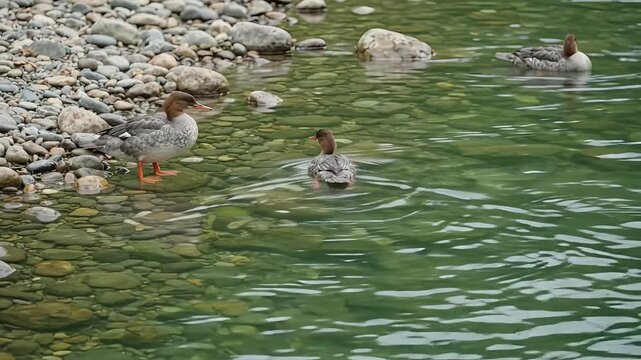Common Merganser ducks swimming in clear green river water near rocky shore, wild waterfowl birds floating on mountain lake ripples, aquatic wildlife in natural alpine river habitat
