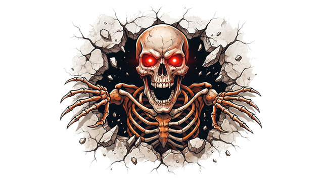 Demonic skeleton with glowing red eyes breaking through stone wall, horror skull illustration, aggressive undead monster emerging from cracked concrete isolated PNG with Transparent Background