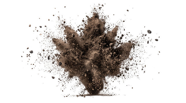 Dynamic soil explosion with flying dirt particles, brown earth blast and dust cloud, organic ground debris splash for construction and gardening isolated PNG with Transparent Background