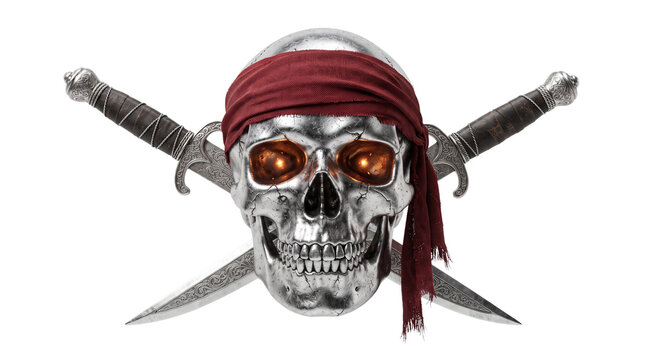 Pirate skull with red bandana and crossed swords, metallic silver skull with glowing orange eyes, nautical buccaneer jolly roger symbol isolated PNG with Transparent Background