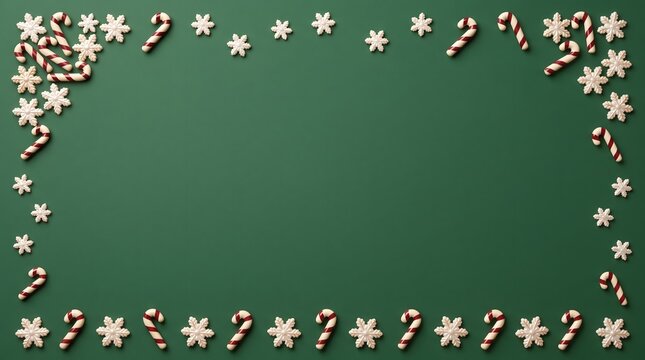 A festive border of candy canes and white snowflakes on a green background for a merry christmas greeting card