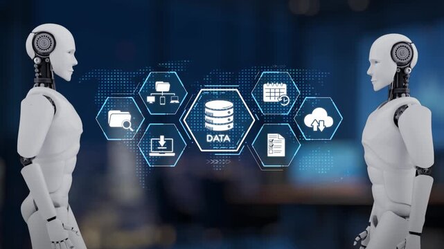 Two humanoid robots are present in a modern office, displaying digital icons that symbolize technology, data management, and cloud computing in a futuristic setting. Synapse