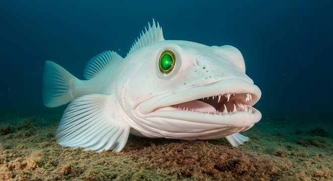 White Deep Sea Fish with Glowing Green Eyes on Sandy Seabed Underwater