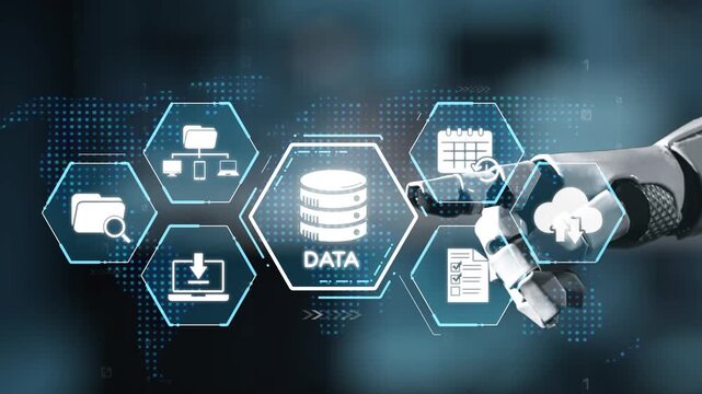 A robotic hand interacts with digital icons representing data management and automation, showcasing the future of technology and its influence on daily tasks and operations. Salient