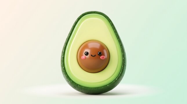 Avocado half with a smiling face rendered in a 3d illustrative style