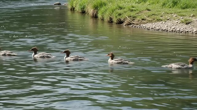 Common merganser ducks swimming in a row on a calm river, group of female goosander waterfowl floating on peaceful water, wild aquatic birds in natural habitat during summer daylight