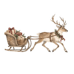 Christmas reindeer sleigh gifts watercolor illustration with festive deer, wooden sled, wrapped presents, holly, red ribbon and bell isolated PNG © Julia