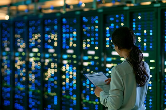 A female IT engineer with a clipboard inspecting server racks in a modern data center, cloud infrastructure management and women in tech concept