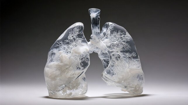 lung. A translucent, lung-shaped glass sculpture with white mist rhythmically forming and dissipating inside. event programs.
