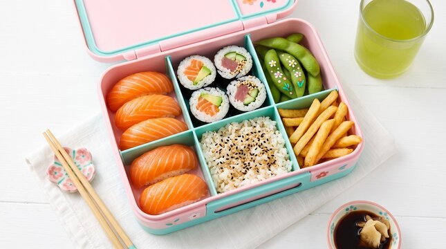 Bento box filled with sushi rice and edamame on a white surface