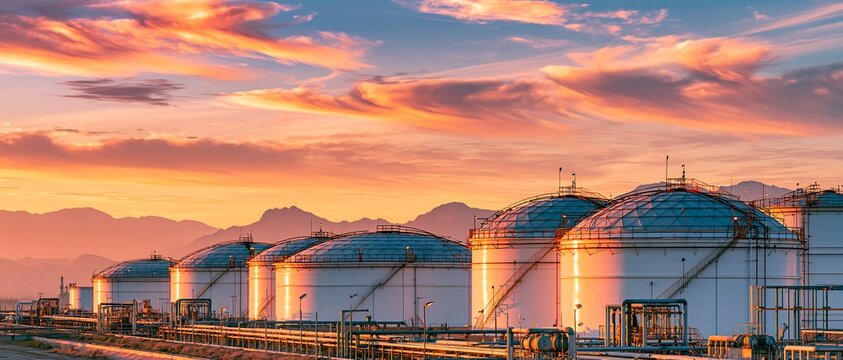 Row of white oil and gas storage tanks at an industrial plant with a dramatic sunset sky and mountains, strategic energy reserve and heavy industry concept