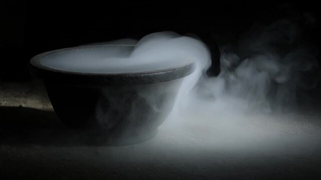 White mist spilling over the rim of a dark cast-iron cauldron and rolling across stone in a locked-off shot