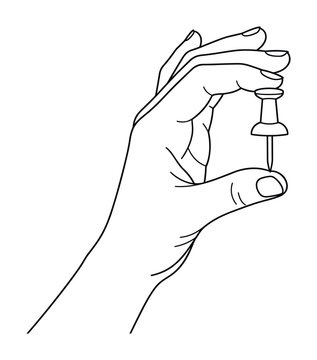 Hand holding sharp push pin drawing showing tactile interaction.