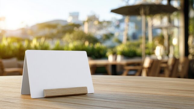 A blank white table tent stands on a wooden cafe table during sunset. Ideal for restaurant promotional.
