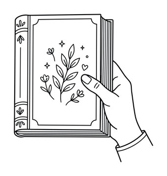 Minimalist hand holding vintage book with floral design line art.