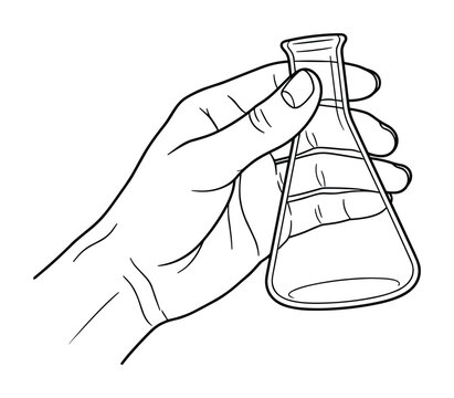 Detailed line drawing of hand holding scientific laboratory flask.