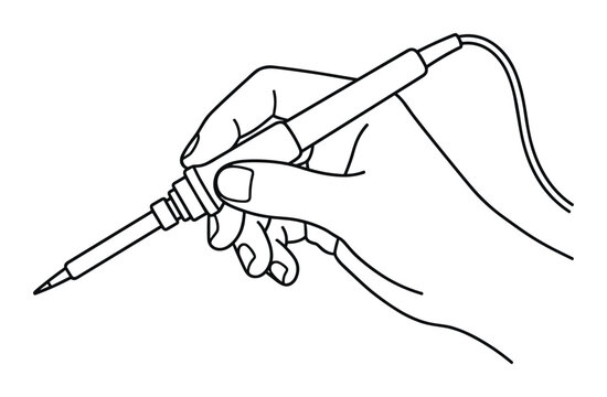 Soldering iron held by hand outline icon for electrical repair work.