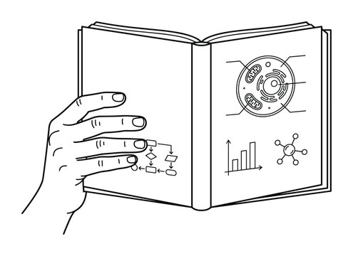 Hand holding open biology textbook with cell diagram and charts.