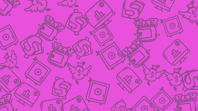 Purple financial pattern with money signs, wallet icons, and monitor charts. Suitable for finance, banking, investment, and cryptocurrencyrelated designs.