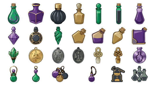 Fantasy magic potion bottles and alchemy ingredients vector set, 27 mystical glass vials and occult charms, RPG game asset collection