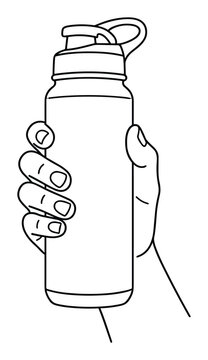 human hand holding sports water bottle black outline sketch vector art.