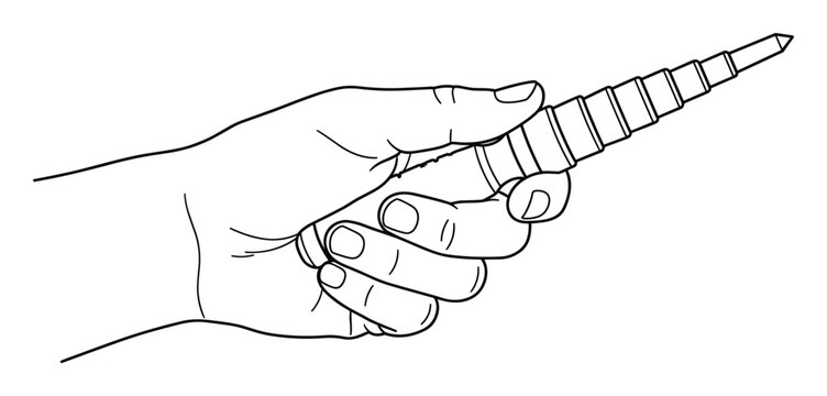 human hand holding drill bit tool black outline sketch vector illustration.